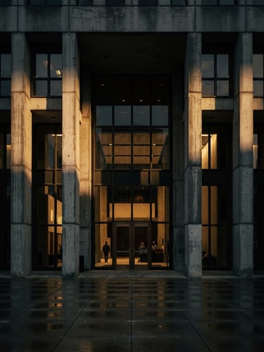 Symmetrical architectural shot of a modern courthouse entrance, concrete pillars, dramatic directional window light casting deep shadows, dark charcoal tones, 35mm