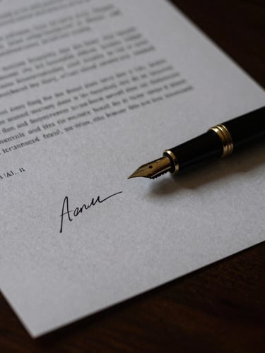 Close-up of a signed legal document on a dark wooden table, fountain pen resting on heavy textured paper, dramatic low-key lighting, gold accents, shallow depth of field