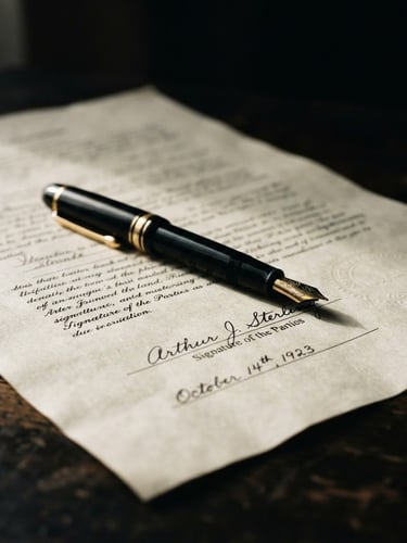 Dramatic low-key close-up of a high-end fountain pen resting on a signed legal document, textured heavy paper, soft directional gold window light casting deep shadows, 35mm photography
