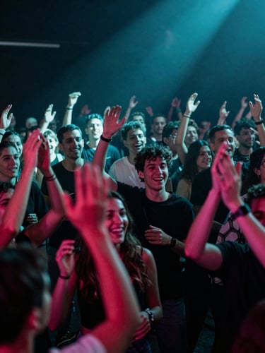 Wide shot from left edge, a crowd packed on a dance floor bathed in deep teal and magenta stage lighting, motion blur on raised hands in the foreground, sharp faces mid-frame caught mid-laugh, directional colored light cutting diagonally across the scene