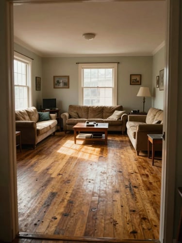 Wide interior shot of a lived-in living room, late afternoon window light casting warm gold across worn hardwood floors and dated furniture, no staging — a real home in transition, viewed from a doorway threshold, generous negative space on the left side