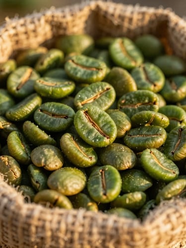 Macro photograph of raw green coffee beans inside a burlap sack under dramatic golden hour sunlight, sharp focus, 35mm
