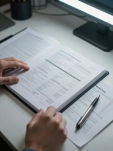 Overhead close-up of a desk under cool fluorescent office light, hands turning pages of a bound operational document with annotated financial tables, a pen resting on a printed market-entry checklist, no food in frame