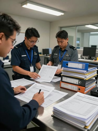 Wide shot of a cross-border procurement review — two operations staff reviewing printed inventory manifests spread across a stainless steel table, binders and logistics folders stacked to the right, overhead fluorescent light in a functional back-office environment