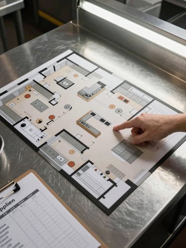 Wide overhead shot of a restaurant floor plan spread across a stainless steel prep table, a hand pointing at a kitchen layout section, overhead fluorescent lighting casting sharp shadows, clipboard and printed supplier schedule visible at the edge of the frame