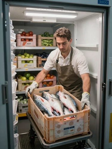 Eye-level shot inside a walk-in cold storage unit, a worker in apron and gloves receiving a crate of whole fresh fish from a delivery trolley, overhead fluorescent strip lighting, stacked crates of produce visible on shelving in background, condensation visible on metal surfaces