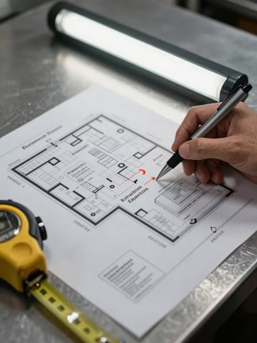 Close-up overhead shot of a printed restaurant floor plan spread on a steel worktable, a hand holding a technical pen pointing to the kitchen extraction zone, fluorescent overhead light, measuring tape partially unrolled beside the plan, no people visible except the hand