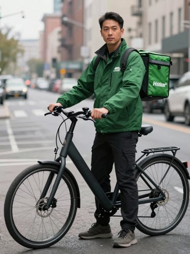 A portrait shot of a professional courier in a clean dark green jacket standing next to an electric bicycle on a clean Manhattan street, overcast daylight, sharp focus.