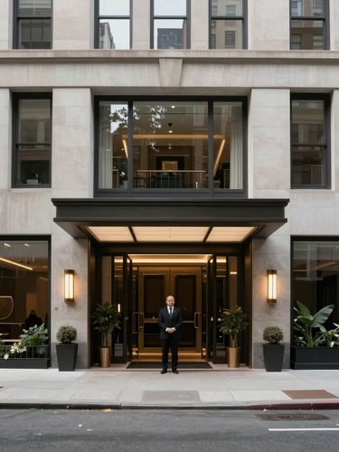 A clean, modern Manhattan street view at overcast midday, looking toward a luxury residential entrance with a doorman, sharp architectural details, high-end aesthetic.