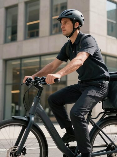 A professional courier on an electric bicycle, wearing clean dark apparel, riding past a modern Manhattan office building, crisp daylight.