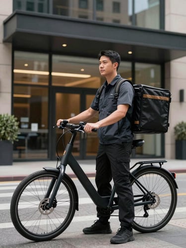A professional courier with a clean, unmarked black bag standing next to an electric bicycle in front of a modern Midtown Manhattan lobby, overcast daylight
