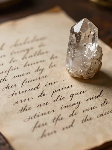 Macro shot of a handwritten parchment with elegant calligraphy, resting next to a raw quartz crystal under warm, low-key lighting.