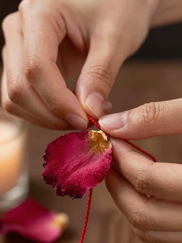 Extreme close-up of hands gently tying a soft red cotton thread around a dried rose petal, warm candlelight, dark background.