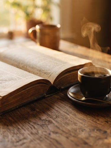 Warm editorial close-up of an open book on a rustic wooden table next to a steaming espresso cup, soft golden-hour window light, rich earth tones, 35mm