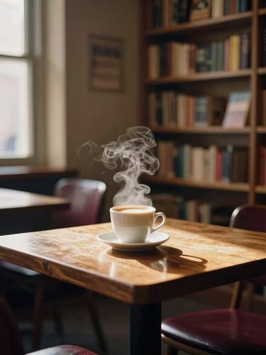 Warm interior of a rustic bookstore cafe, wooden tables, bookshelves in the background, steam rising from a fresh espresso cup, soft golden light filtering through a window, 35mm photography