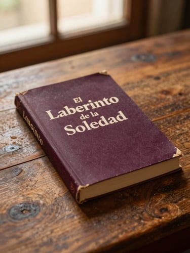 A vintage book cover of El Laberinto de la Soledad resting on a rustic wooden desk, warm lighting