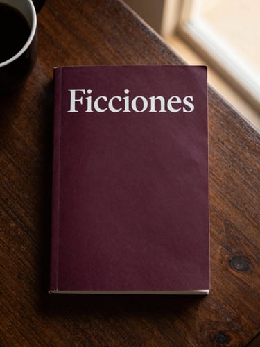 Book cover of Ficciones on a dark wood surface with a coffee cup nearby, soft focus