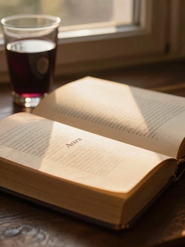 An old edition of the book Aura, warm golden hour light hitting the pages, cozy atmosphere