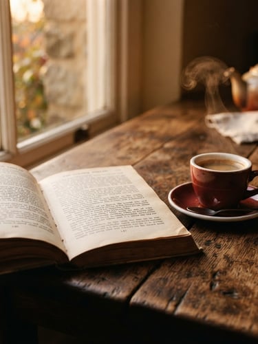 Warm editorial photography of an open book on a rustic wooden table next to a steaming espresso cup, soft golden-hour window light, rich earth tones, shallow depth of field, 35mm