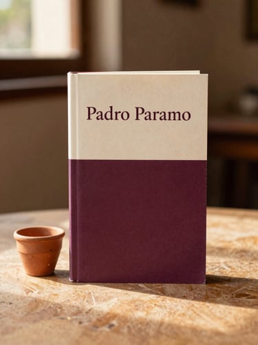 Classic Spanish novel Pedro Paramo book cover, placed next to a small terracotta cup, warm shadows
