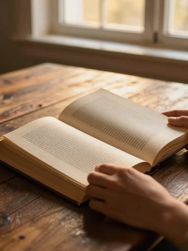 Hands holding an old open book over a rustic wooden table, soft golden-hour light, warm atmospheric tone