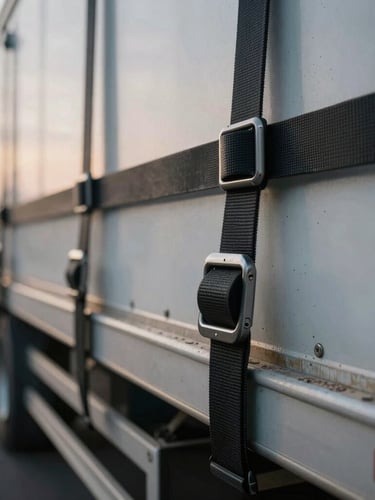 Close-up detail of heavy-duty cargo straps securing industrial freight inside a trailer, crisp early morning overcast light, metallic textures and road grit.