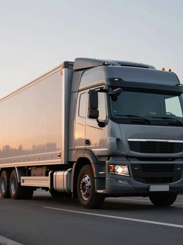 Low-angle heroic shot of a clean, branded grey commercial truck in active transit on a highway at dawn, crisp early morning overcast light, metallic textures emphasized.