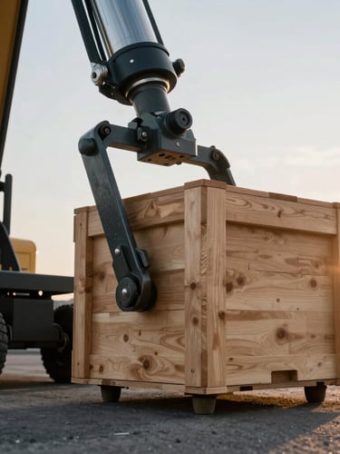 Low-angle heroic close-up of a heavy-duty hydraulic lift-gate lowering a large wooden crate onto flat asphalt, metallic textures, late afternoon low-angle sun.
