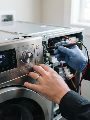 Close-up of clean hands using professional diagnostic tools on a modern washing machine control panel, bright natural indoor light, crisp metallic details.