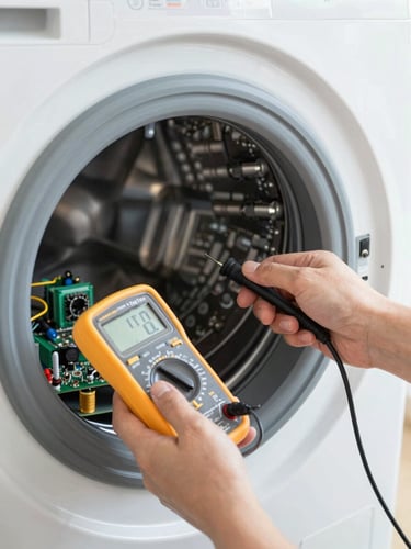 Close-up of clean hands using a professional digital multimeter to test a modern washing machine circuit board, bright natural indoor lighting, metallic details