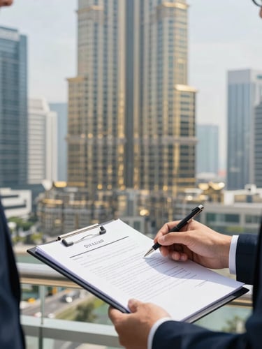 Editorial corporate photography, bright natural daylight, clean navy and gold tones, a professional business consultation in a sleek high-rise Downtown Dubai office, close-up of legal documents, 35mm