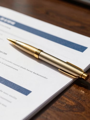 Editorial corporate photography, bright natural daylight, close-up of financial documents and gold pen on a dark wood desk, 35mm