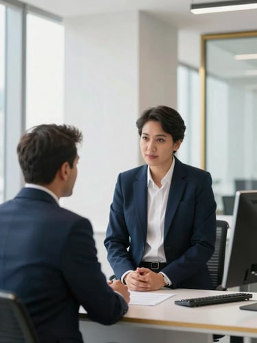 A professional business consultation in a bright, modern Dubai office, soft natural daylight, clean navy and gold tones, sharp architectural depth, editorial photography