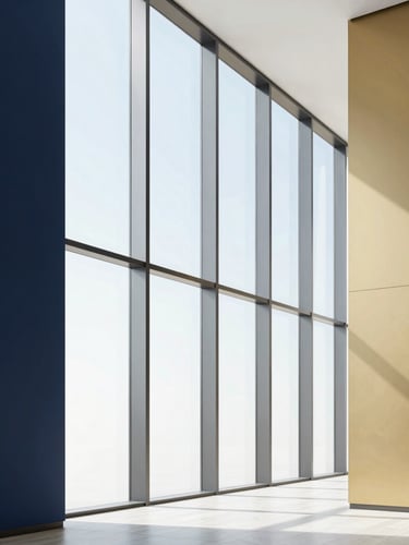 Minimalist modern office interior in Dubai, tall glass windows overlooking clean architectural lines, bright daylight, editorial corporate style