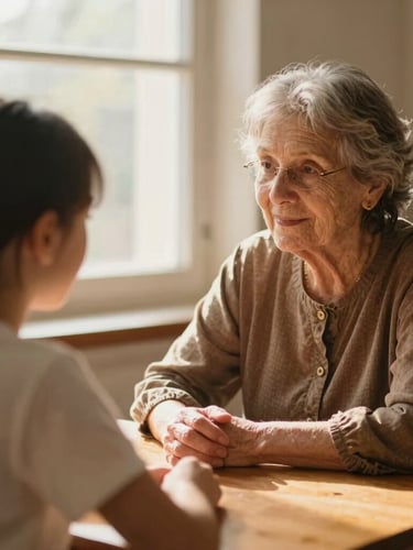 Candid portrait of an elder woman mentoring a young student at a wooden table, warm window light, soft focus background