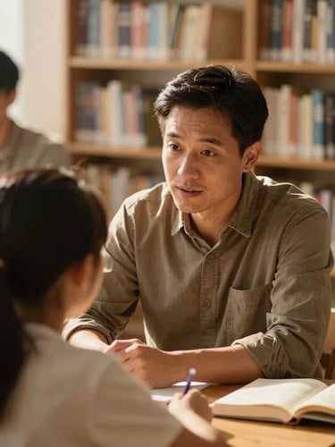 A close-up candid photo of a community mentor listening intently to a young student in a warm, sunlit library, soft golden hour light, rich earthy tones, 35mm style.
