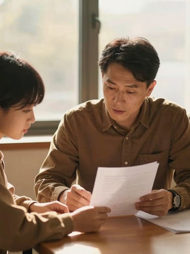 Candid medium shot of a mentor and student reviewing papers at a wooden table, warm golden hour light pouring through a window, 35mm photography