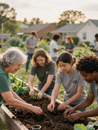 A vibrant neighborhood community garden with volunteers of diverse ages planting seeds together, warm soft late afternoon light, natural candid expressions.