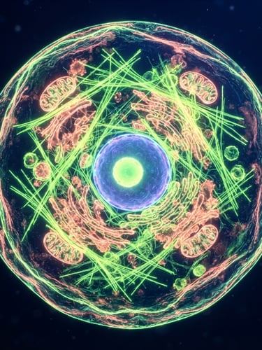 Extreme close-up (macro) of a vibrant biological cell structure, glowing with neon-lime and soft coral light, high contrast, deep space-blue background, sharp focus