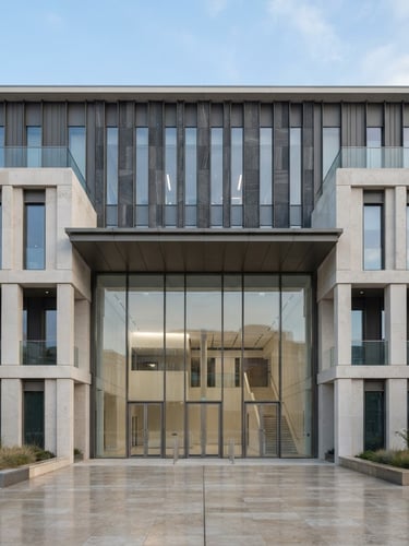 Symmetrical architectural photograph of a modern court building facade, clean lines of natural stone and glass, soft natural daylight, 35mm lens