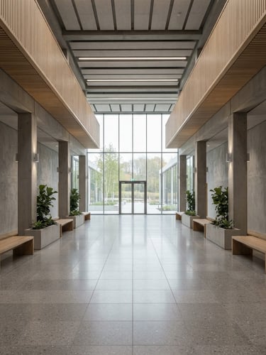 Symmetric concrete and light oak interior of a modern public building, soft morning daylight casting quiet shadows, minimalist architectural perspective