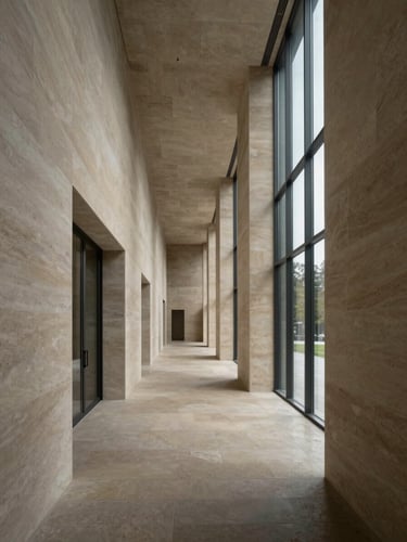 Detail of modern architectural interior, long symmetric corridor with natural stone walls and soft light streaming through high glass windows