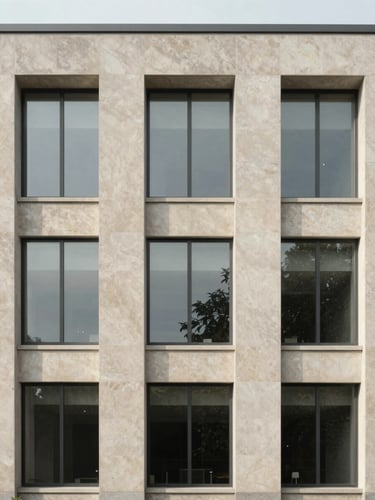 Symmetrical architectural detail of a modern courthouse facade, natural stone and glass panels, soft diffused daylight casting quiet shadows, minimalist Scandinavian style.