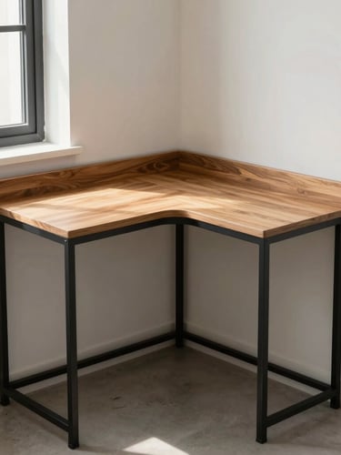 Straight-on architectural shot of a compact corner desk fitting perfectly in an urban apartment, warm wood texture and matte black metal legs, crisp natural window light casting soft shadows, 50mm lens.