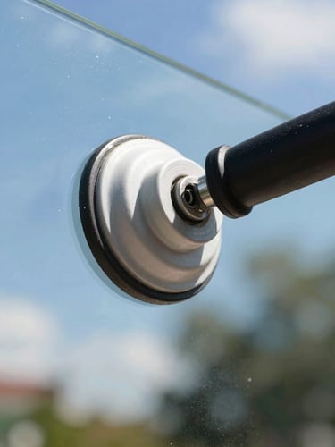 Extreme close-up of a pristine, heavy-duty suction cup handle lifting a thick sheet of glass, bright Florida sunlight refracting through the polished edge, ultra-clear depth of field.