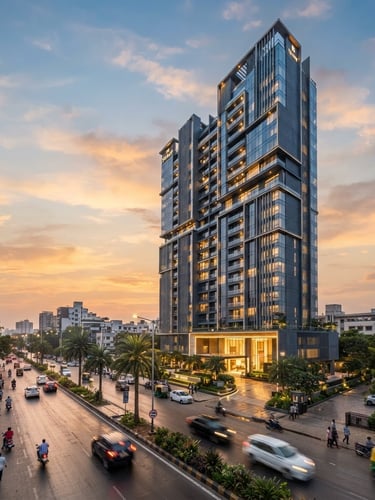 Wide-angle architectural perspective of a modern luxury high-rise in Ahmedabad at golden hour, sharp detail, rich deep slate tones, wide-angle lens, professional photography.