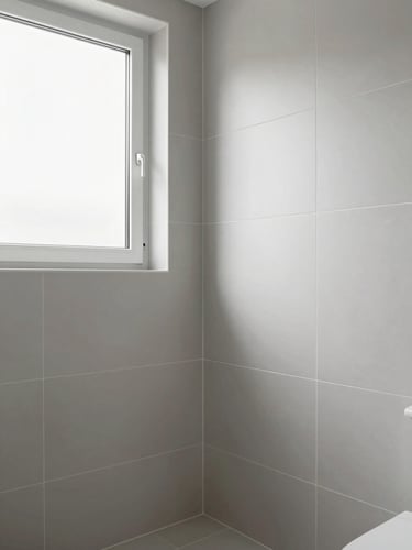Crisp architectural photography of a modern renovated bathroom with immaculate tiling joints, bright natural window light, 35mm lens