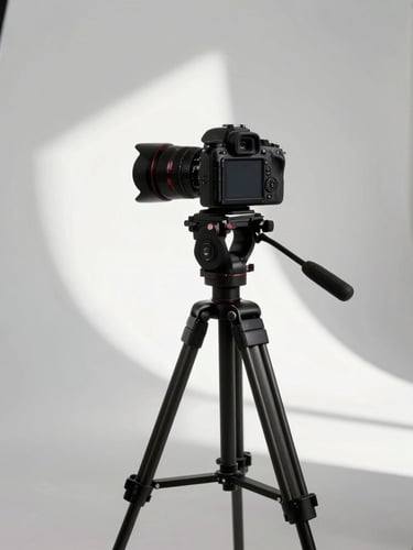 Behind-the-scenes of a professional product photoshoot in a bright studio, high-contrast daylight casting deep shadows, a high-end camera on a tripod focused on styled cosmetics, minimalist background.