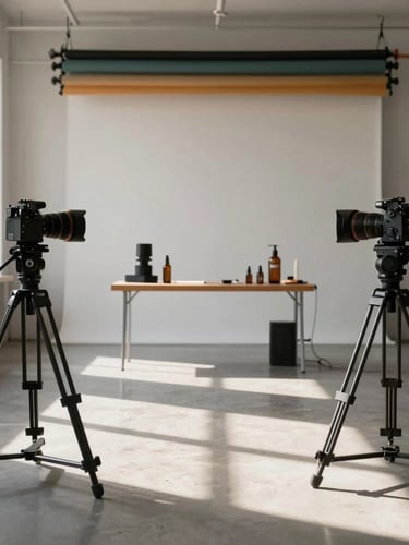Wide environmental shot of a modern photography studio, soft directional daylight casting deep shadows, professional cameras on tripods, elegant product styling setup in the background.