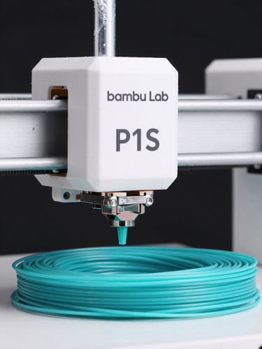 Close-up of a high-tech Bambu Lab P1S 3D printer nozzle extruding bright turquoise PLA filament with micro-precision, clean studio lighting, dark background